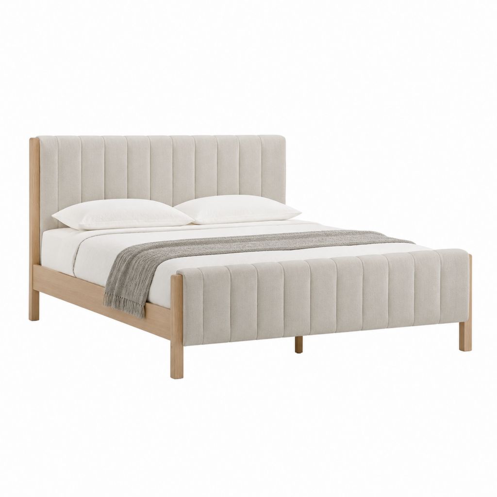 Polsterbett Doppelbett Beige mit Massivholzrahmen und vertikal gestepptem Kopfteil 160 x 200 cm