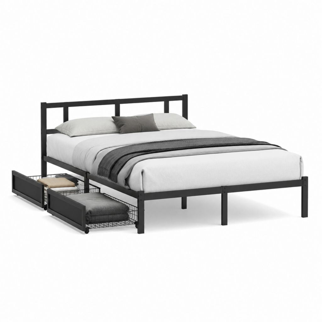 Metallbett Doppelbettgestell Schwarz Stahl rechteckig mit 2 Schubladen 160 x 200 cm