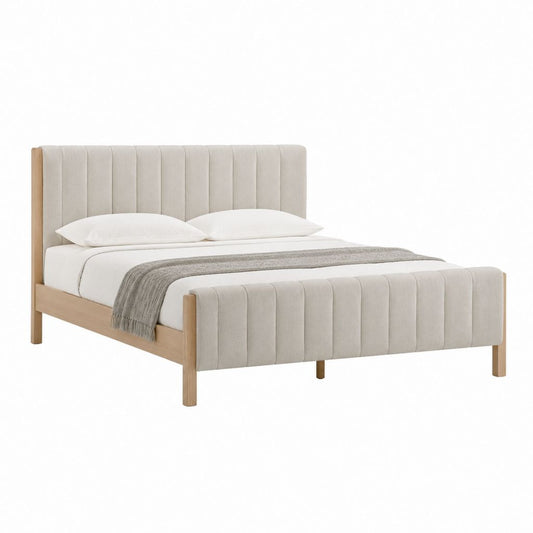 Polsterbett Doppelbett Beige mit Massivholzrahmen und vertikal gestepptem Kopfteil 160 x 200 cm
