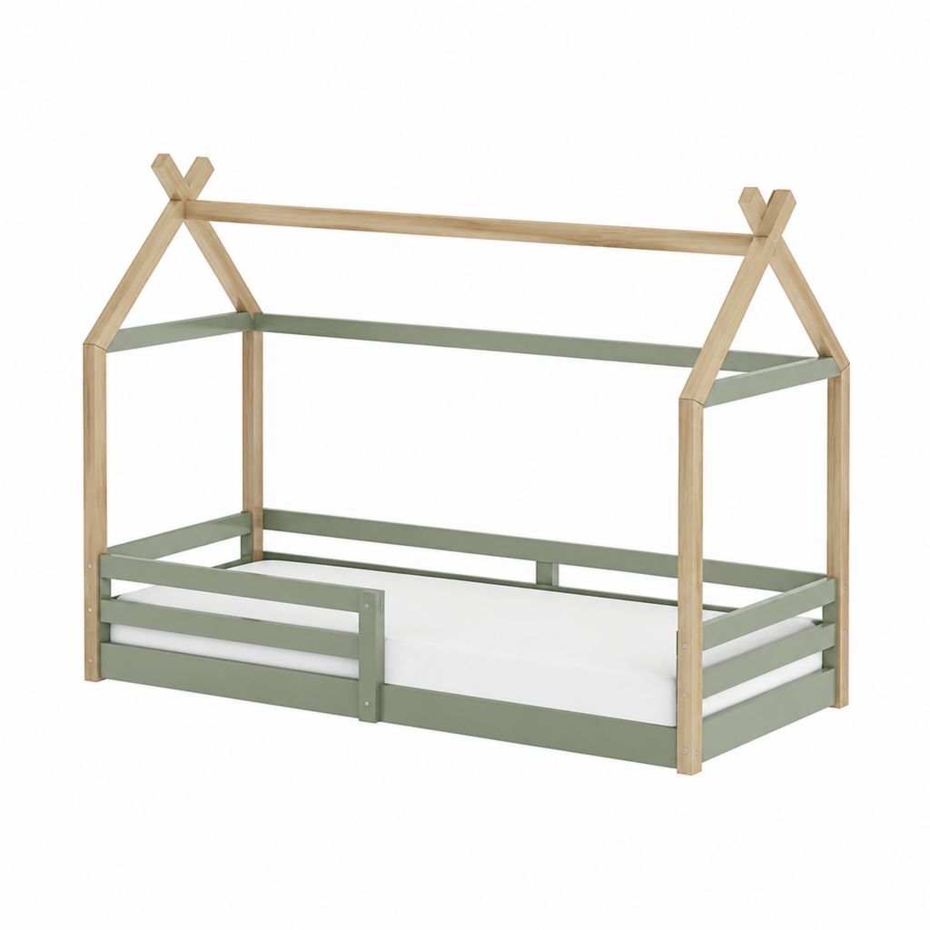 Kinder Hausbett Massivholz Kiefer Natur Salbeigrün rechteckig 90 x 200 cm