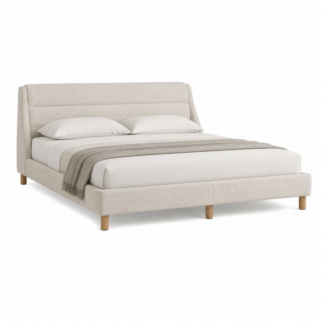 Polsterbett Doppelbett Creme mit Polyesterbezug und Holzfüßen 160 x 200 cm