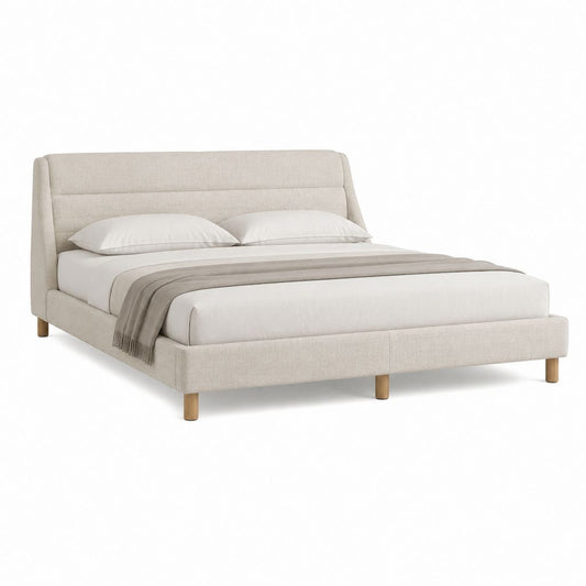 Polsterbett Doppelbett Creme mit Polyesterbezug und Holzfüßen 160 x 200 cm