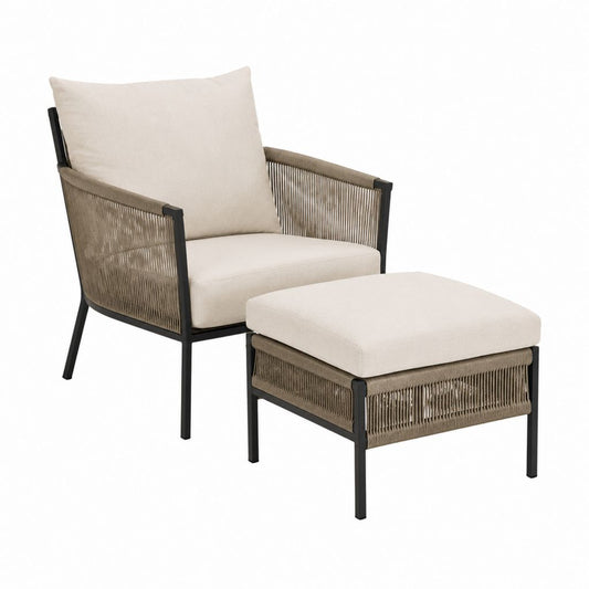 2-teiliges Gartenstuhl Set mit Hocker Beige Taupe Schwarz Stahl Polypropylen-Seil 72 x 76 x 78 cm