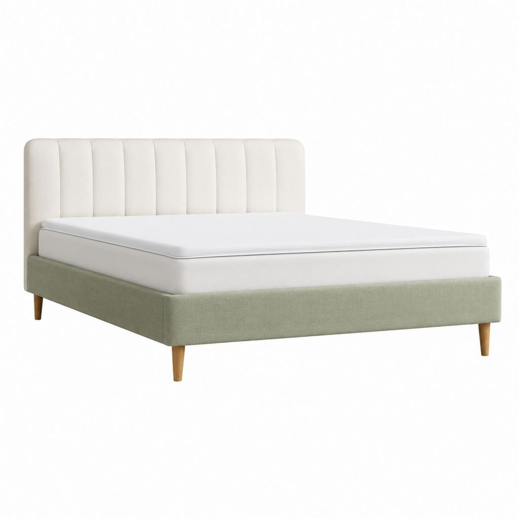 Polsterbettgestell Creme Salbeigrün mit Polyesterbezug und Massivholzfüßen 160 x 200 cm