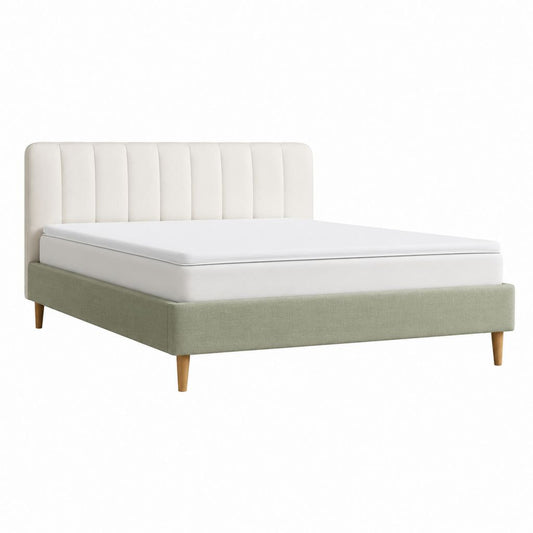 Polsterbettgestell Creme Salbeigrün mit Polyesterbezug und Massivholzfüßen 160 x 200 cm