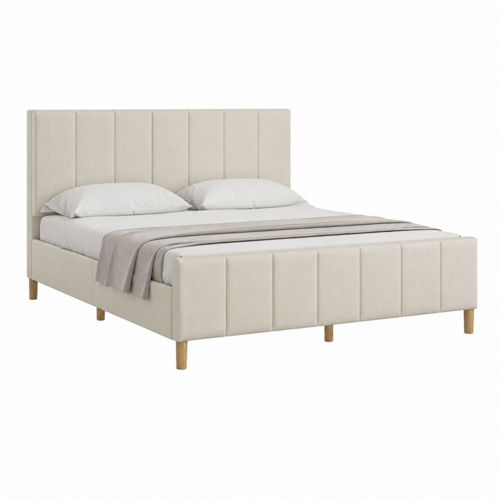 Polsterbett Doppelbett Beige mit Polyesterbezug und vertikal gestepptem Kopfteil 160 x 200 cm
