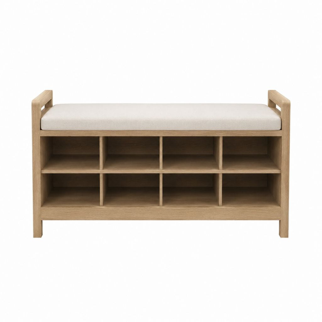 Schuhbank mit Sitzkissen Eichenoptik Spanplatte rechteckig 100 x 35 x 50 cm mit 8 offenen Fächern