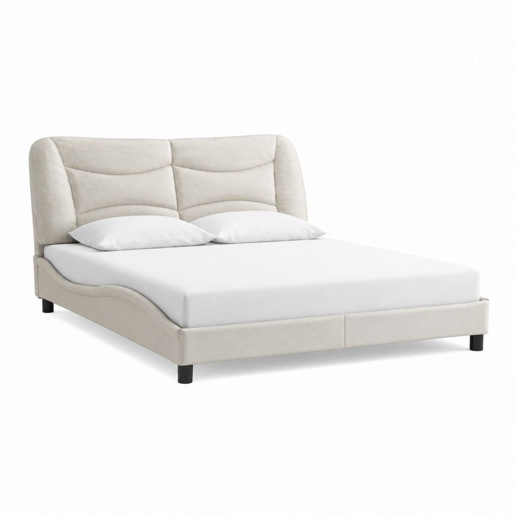 Polsterbett Doppelbett Beige mit Polyesterbezug und hohem Kopfteil 180 x 200 cm